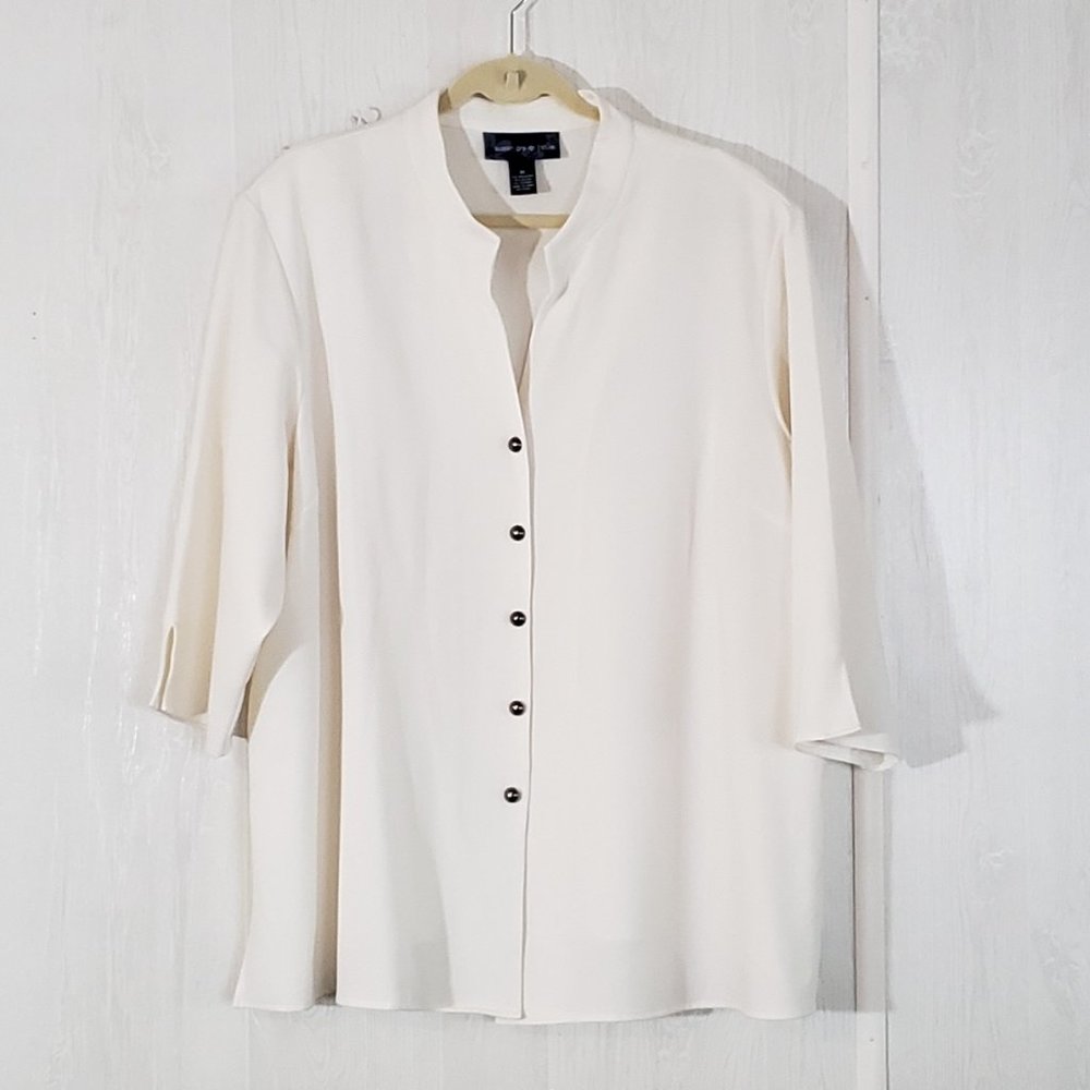 Susan Graver Stretch Crepe 3/4 Sleeve Mandarin Collar Shirt Jacket, 3X, Ivory